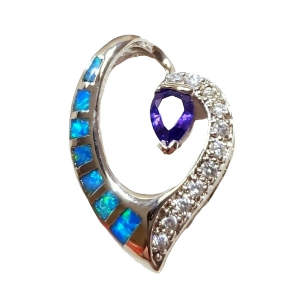 Mystic Blue Opal Amethyst CZ Open Heart Pendant 925 Sterling Silver